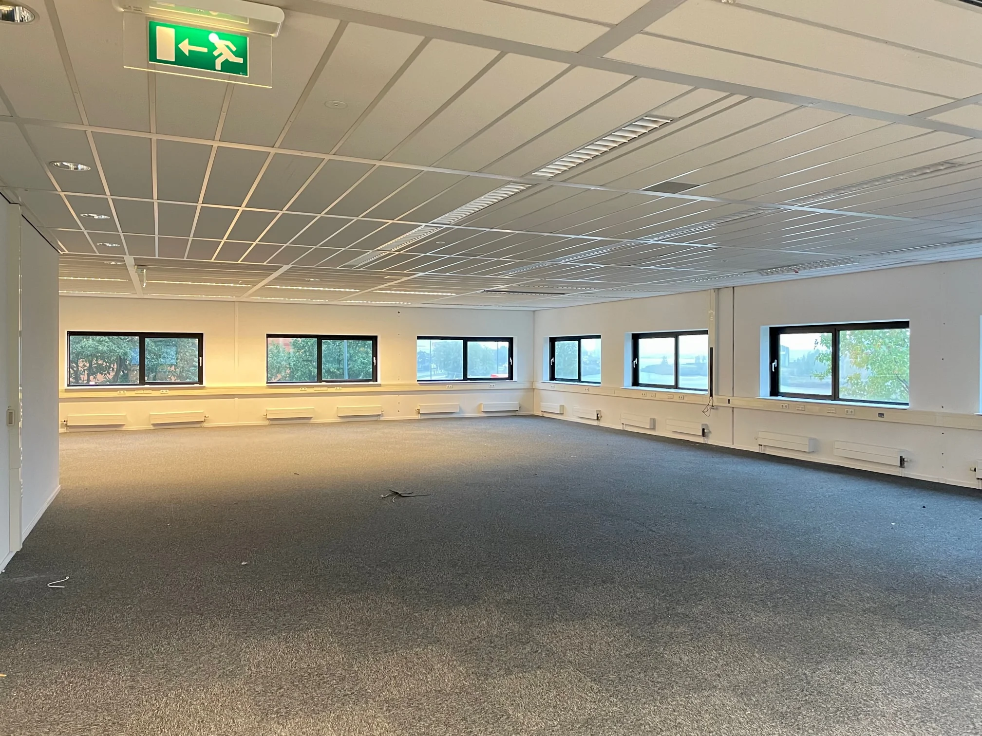 Leegstaand kantoorruimte op de Karel Doormanweg met uitzicht op bomen door meerdere ramen.